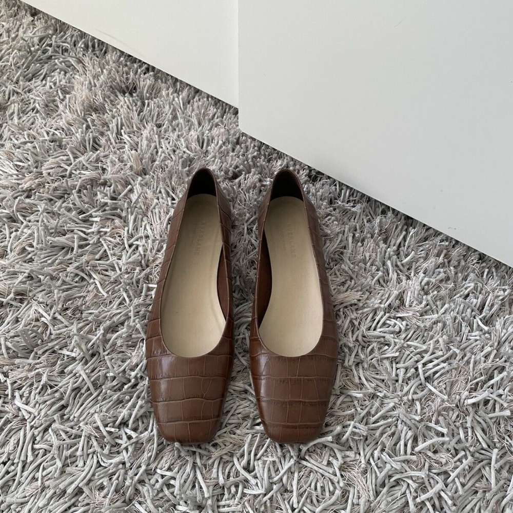 Everlane Toe Flat Leather Brown Crocodile Print Square Women's Sz 11 US❤️ - Picture 2 of 8